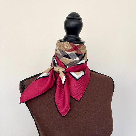 Display # 1 New Burberry Scarf Classic Check Burgundy Red Border Silk Wrap - Picture 12 of 15